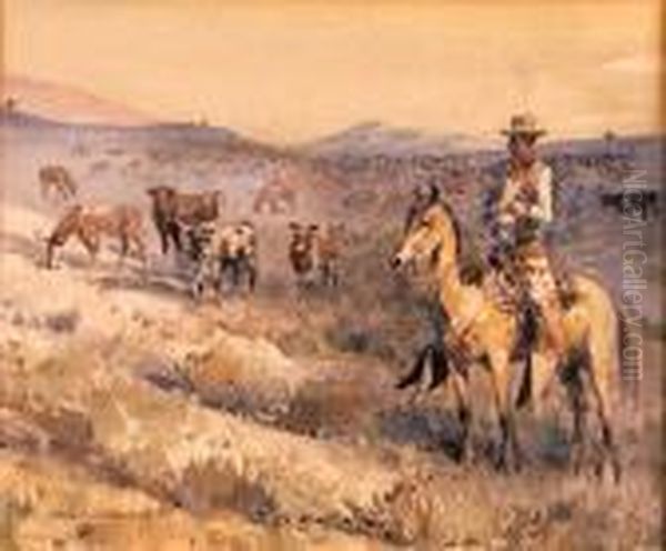 Grazing Cattle Oil Painting by John Edward Borein