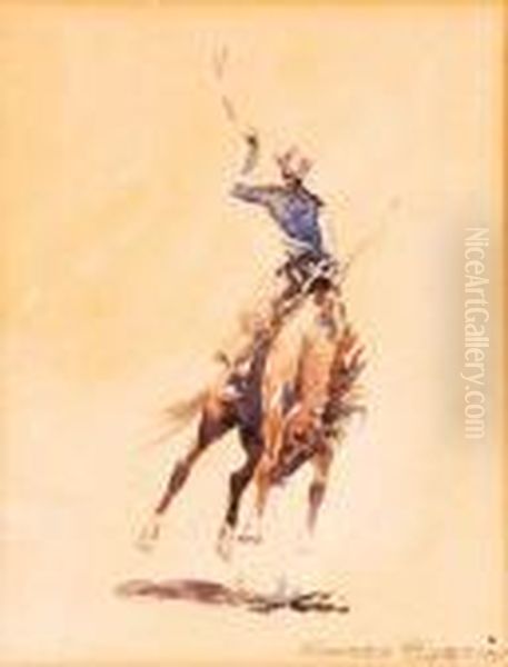 Bucking Bronco With Cowboy Oil Painting by John Edward Borein