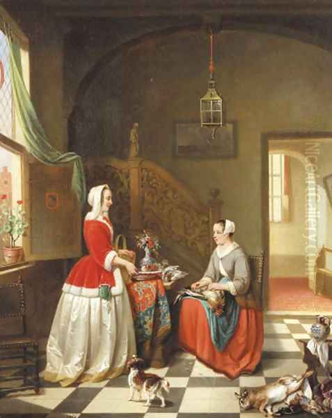 A lady giving instructions to her maid in a 17th century interior Oil Painting by Alexis van Hamme