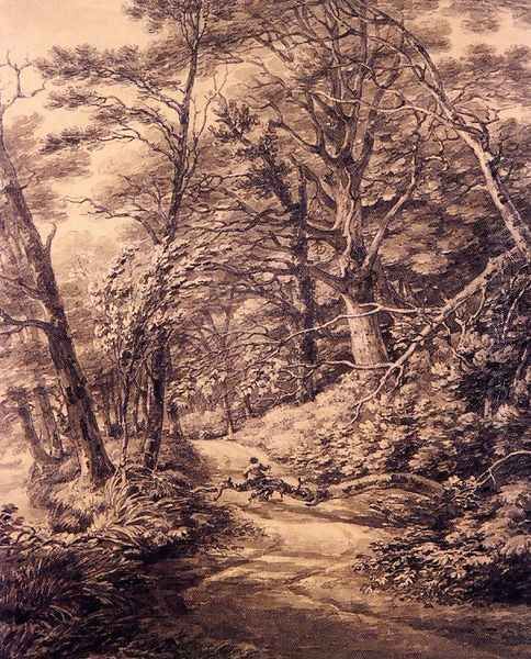 a Man Seated On A Fallen Branch On A Woodland Path Oil Painting by Thomas Hearne