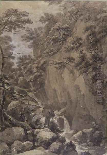 Sir George Beaumont and Joseph Farington painting a waterfall Oil Painting by Thomas Hearne