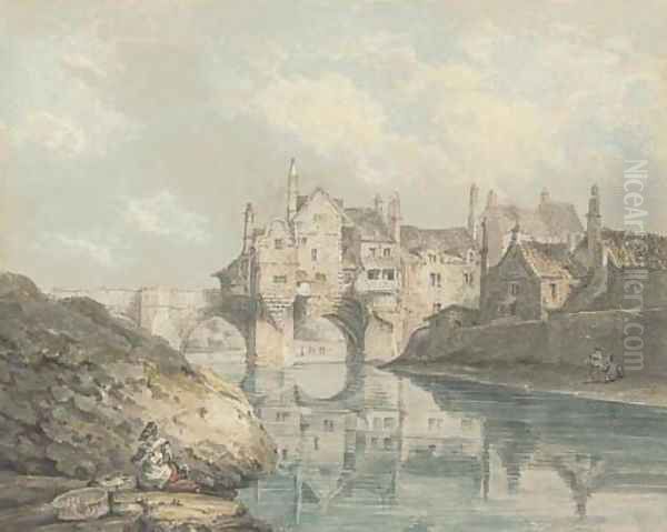 Elvet bridge, Durham, with a washerwoman in the foreground Oil Painting by Thomas Hearne