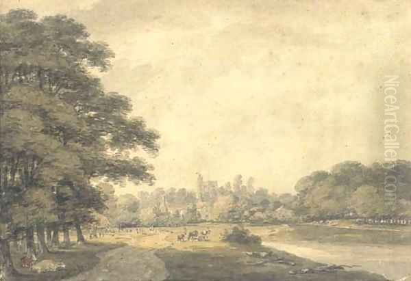 Thames landscape with a church tower in the distance Oil Painting by Thomas Hearne