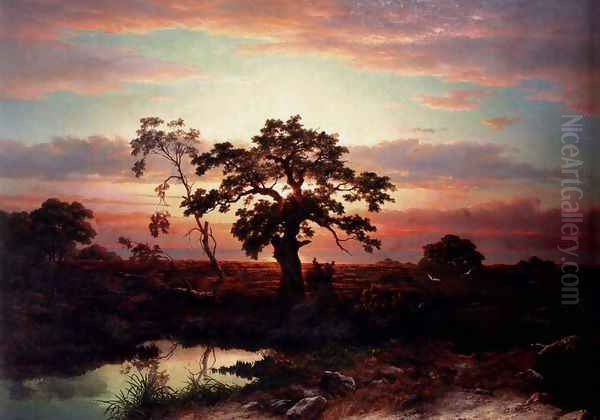 An Oak In An Extensive Coastal Landscape At Dusk Near Le Havre Oil Painting by Louwrens Hanedoes