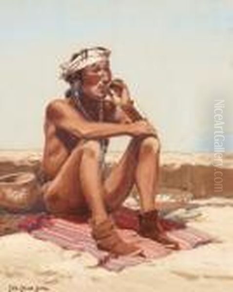 Smoking Indian Oil Painting by Carl Oscar Borg