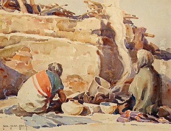 Cooking At The Pueblo Oil Painting by Carl Oscar Borg