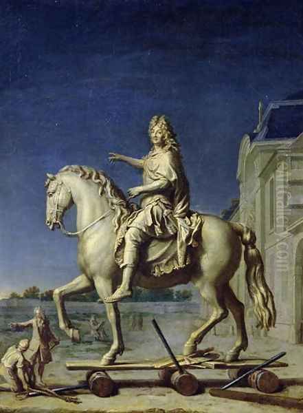 Transporting the Equestrian Statue of Louis XIV to the Place Vendome in 1699 Oil Painting by Rene-Antoine Houasse