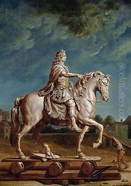 Transporting the Equestrian Statue of Louis XIV from the Workshop at the Convent of the Capucines in 1669 Oil Painting by Rene-Antoine Houasse