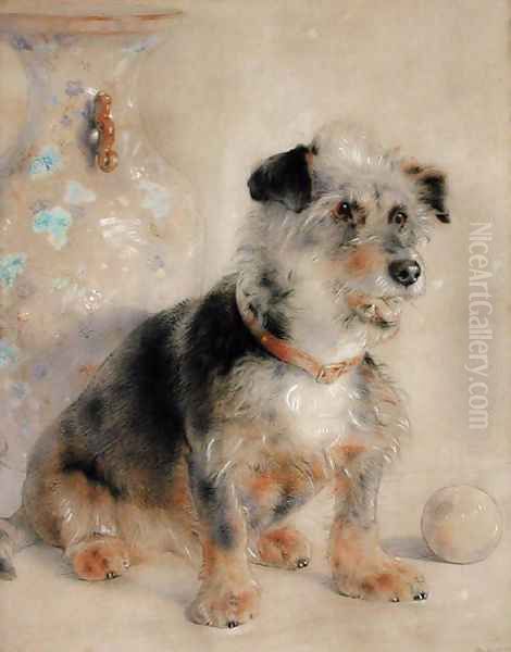 Terrier seated before a Canton Famille Rose Vase Oil Painting by William Huggins