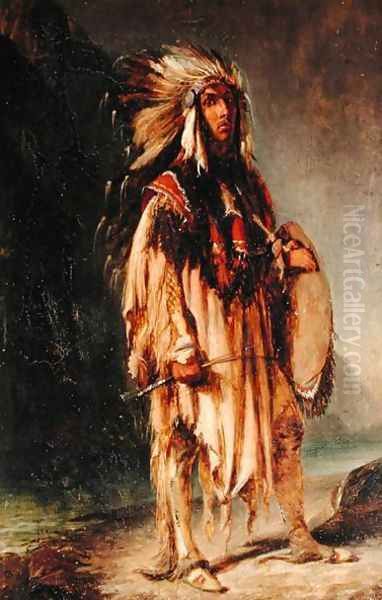 A North American Indian in an Extensive Landscape Oil Painting by William Huggins