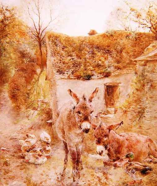 Donkeys and Ducks in a Farmyard Oil Painting by William Huggins