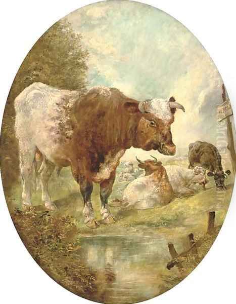 A bull in a landscape Oil Painting by William Huggins