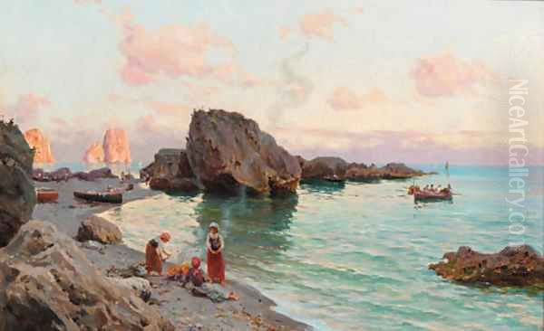 A coastal inlet with figures on a beach, Capri Oil Painting by Bernard Hay