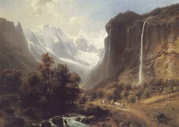 Travellers on a Mountainous Path by the Staubachfall Near Lauterbrunnen Oil Painting by Heinrich Hofer