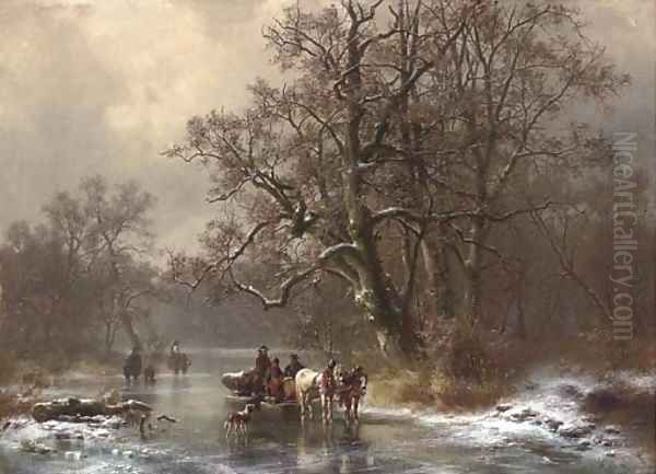 Loggers on a frozen waterway Oil Painting by Heinrich Hofer