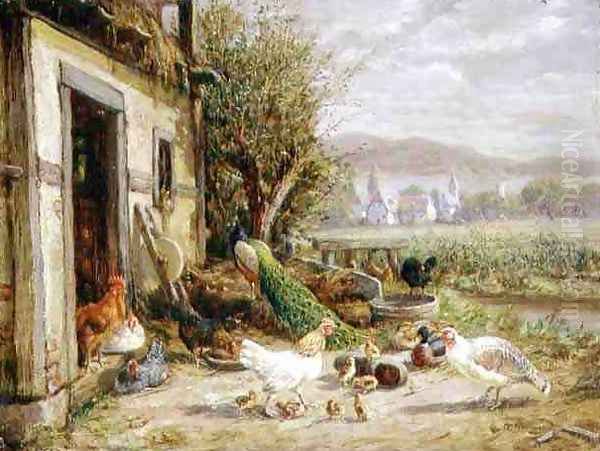 Chickens Ducks and a Peacock by a Canal by Anton Hoffmann