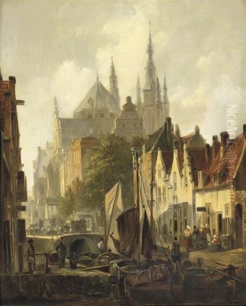 A View Of Delft With The Oude Kerk In The Distance Oil Painting by Johannes Bosboom