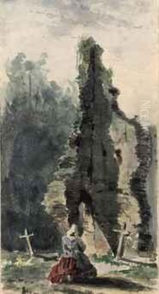 A Figure At The Cemetery Oud Eik En Duinen, The Hague Oil Painting by Johannes Bosboom