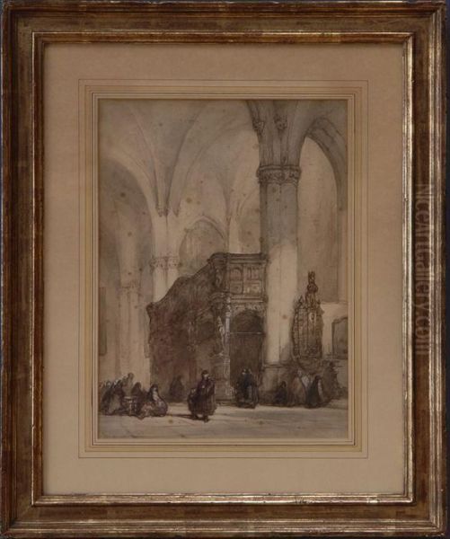 Church Interior With Figures Oil Painting by Johannes Bosboom