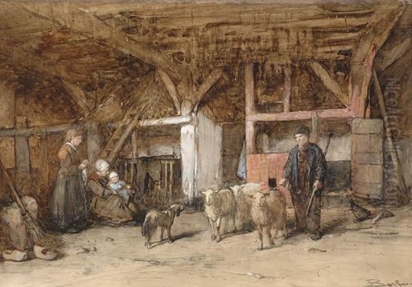 Stable With Peasant Family Oil Painting by Johannes Bosboom