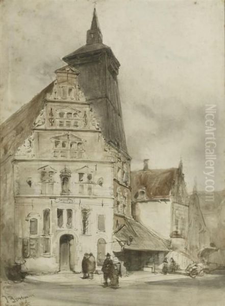 Daily Activities In Hoorn In Front Of The Boterhal Oil Painting by Johannes Bosboom