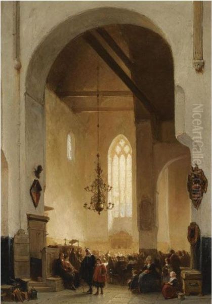 Figures At Mass In The Geertekerk, Utrecht Oil Painting by Johannes Bosboom