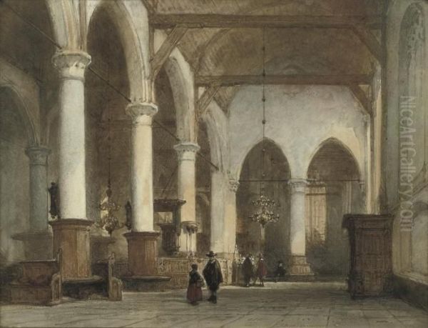 Elegant Figures In The Grote Kerk, Edam Oil Painting by Johannes Bosboom