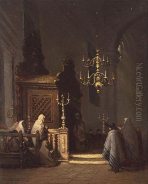 A Synagogue Interior Oil Painting by Johannes Bosboom