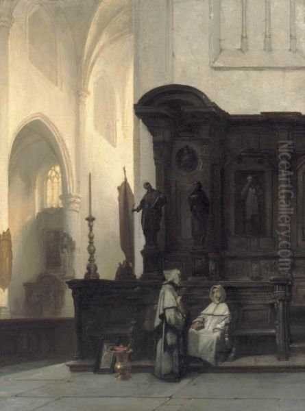 Gothische Kerk Te Wouw: A Gothic Church Interior With Monks Conversing Oil Painting by Johannes Bosboom