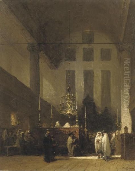 The Portuguese Synagogue, Amsterdam: In The Esnoga Oil Painting by Johannes Bosboom