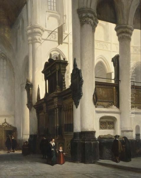 Figures In The Interior Of The Nieuwe Kerk In Delft Oil Painting by Johannes Bosboom