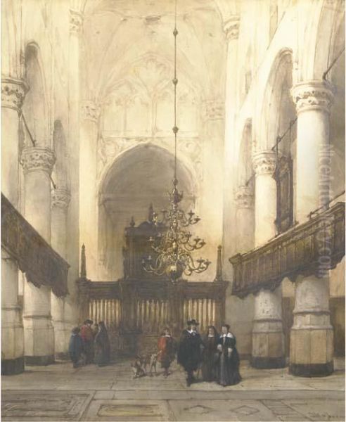 Figures In The Nieuwe Kerk, Delft Oil Painting by Johannes Bosboom