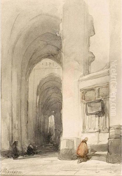 Church Interior With Firgures Praying Oil Painting by Johannes Bosboom