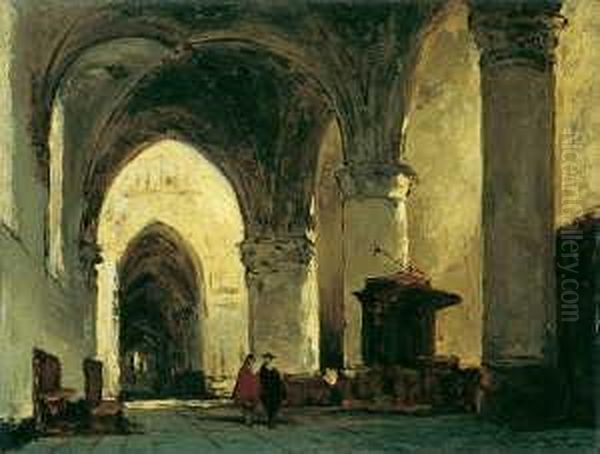 Kircheninterieur Mit Zwei Kavalieren Im Gesprach. Oil Painting by Johannes Bosboom