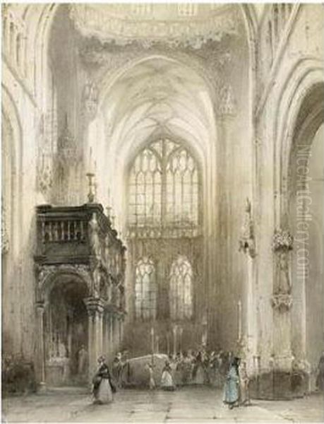 Figures In The St. Jan Cathedral, 's Hertogenbosch Oil Painting by Johannes Bosboom