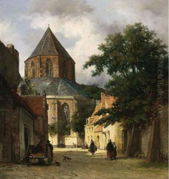 Figures In The Streets Of A Dutch Town, A Church In The Background Oil Painting by Johannes Bosboom