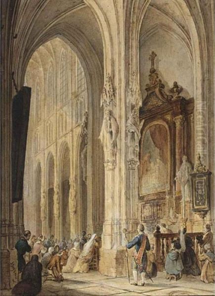 A Church Interior With People Attending Mass Oil Painting by Johannes Bosboom