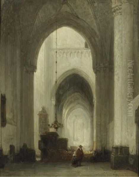 A Church Interior With Figures Oil Painting by Johannes Bosboom