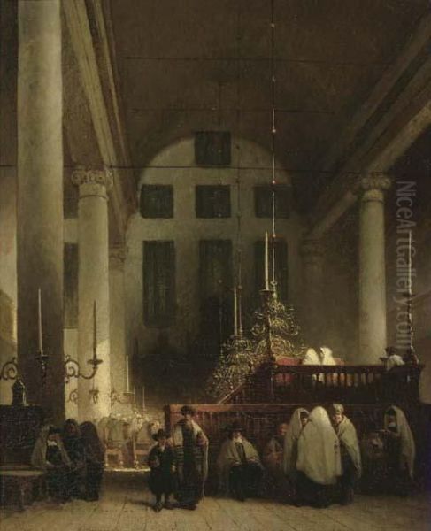 Synagogue Des Juifs Portugais A Amsterdam Oil Painting by Johannes Bosboom