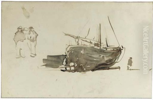 A Sketch Of A Fishing-boat With Figures On The Beach Oil Painting by Johannes Bosboom