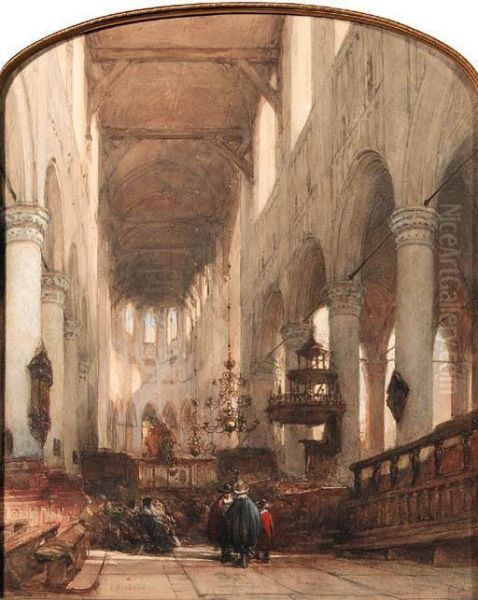 Worshippers In The Central Aisle Of The Pieterskerk, Leyden Oil Painting by Johannes Bosboom