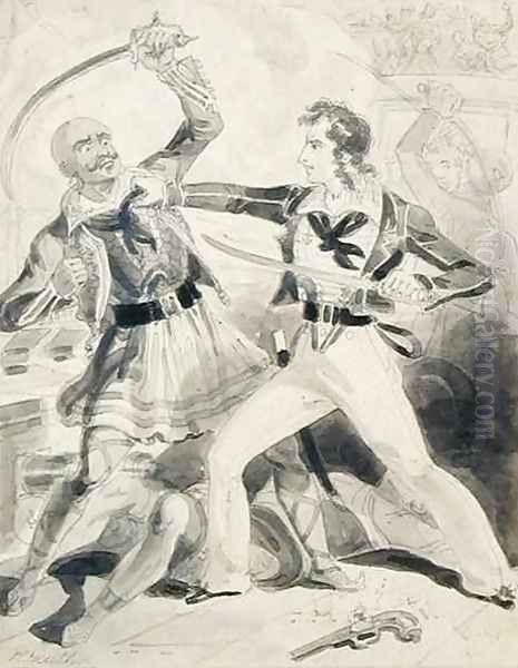 American Naval Officer Resisting an Attacking Tripolitan Oil Painting by William Heath