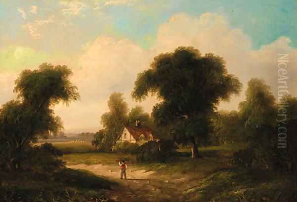 A faggot gatherer before a cottage in a wooded landscape Oil Painting by William Heath