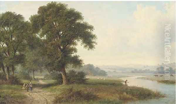 Children resting by a riverside path Oil Painting by William Heath