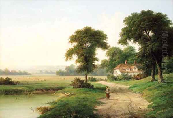 A child beside a pond with a cottage beyond Oil Painting by William Heath