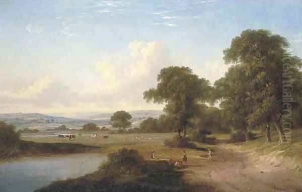 Children by a pond in a wooded landscape with cattle beyond Oil Painting by William Heath