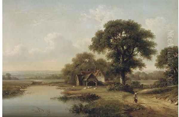 Figure on a beaten track, a cottage and sheep beyond Oil Painting by William Heath