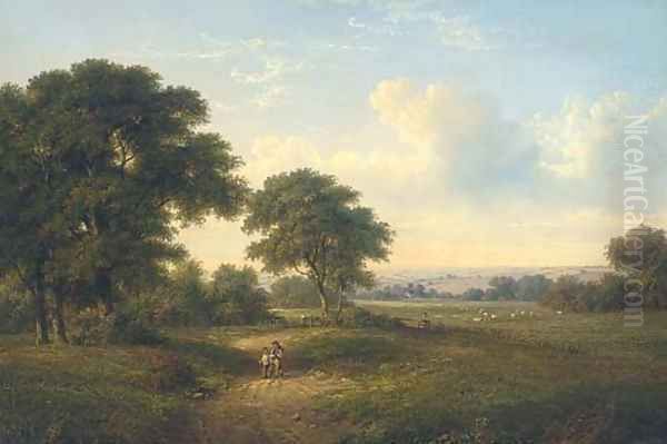 Figures on a beaten track, with a shepherd and flock beyond Oil Painting by William Heath