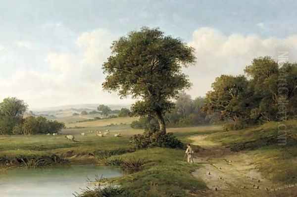 A shepherd by a pond in a wooded landscape Oil Painting by William Heath