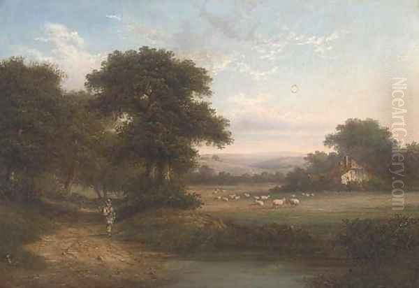 A shepherd on a wooded track, a cottage beyond Oil Painting by William Heath